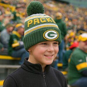 New Era Green Bay Packers Green Gold Striped Spell Out Sock Beanie Pom Hat Youth